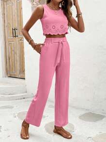 Breezaya Set áo crop top và quần dài màu trơn cho kỳ nghỉ và giải trí - Hồng - Xem 1