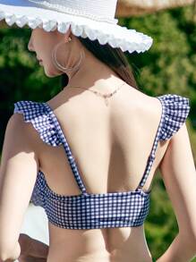 DAZY 女士夏季海滩格纹荷叶边泳衣上衣 - 黑與白 - 查看 2