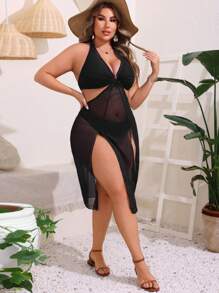 SHEIN Swim Curve 大尺碼夏季海灘純色透明網紗分割泳裝裙 - 黑色 - 查看 6