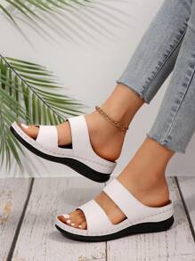 Women's Fashionable White Metal Buckle Decor Wedge Platform Sandals, Hollow-Out Peep Toe Design, Reinforced Stitching, Soft Anti-Slip Soles, Casual Versatile Style