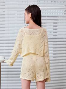 Tween Girl Casual Solid Color Comfortable Sweater Suit With Round Neckline And Pullover Top And Pants - Apricot - View 2