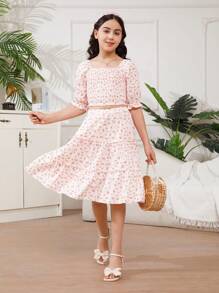 Áo dài tay cổ vuông màu hồng nhạt của Tween Girl và váy chữ A rộng màu hồng nhạt Trang phục phù hợp cho gia đình (4 bộ được bán riêng) - Màu Hồng baby - Xem 1