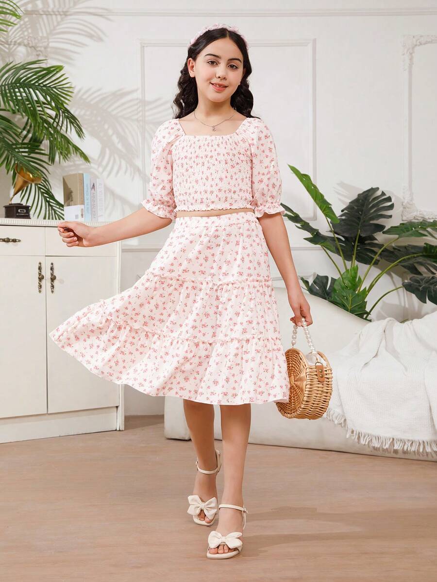 Áo dài tay cổ vuông màu hồng nhạt của Tween Girl và váy chữ A rộng màu hồng nhạt Trang phục phù hợp cho gia đình (4 bộ được bán riêng) - Màu Hồng baby - Xem 1