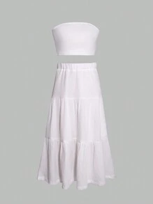 Teen Girl Solid Tube Top And Maxi Skirt 2-Piece Set - White - View 1