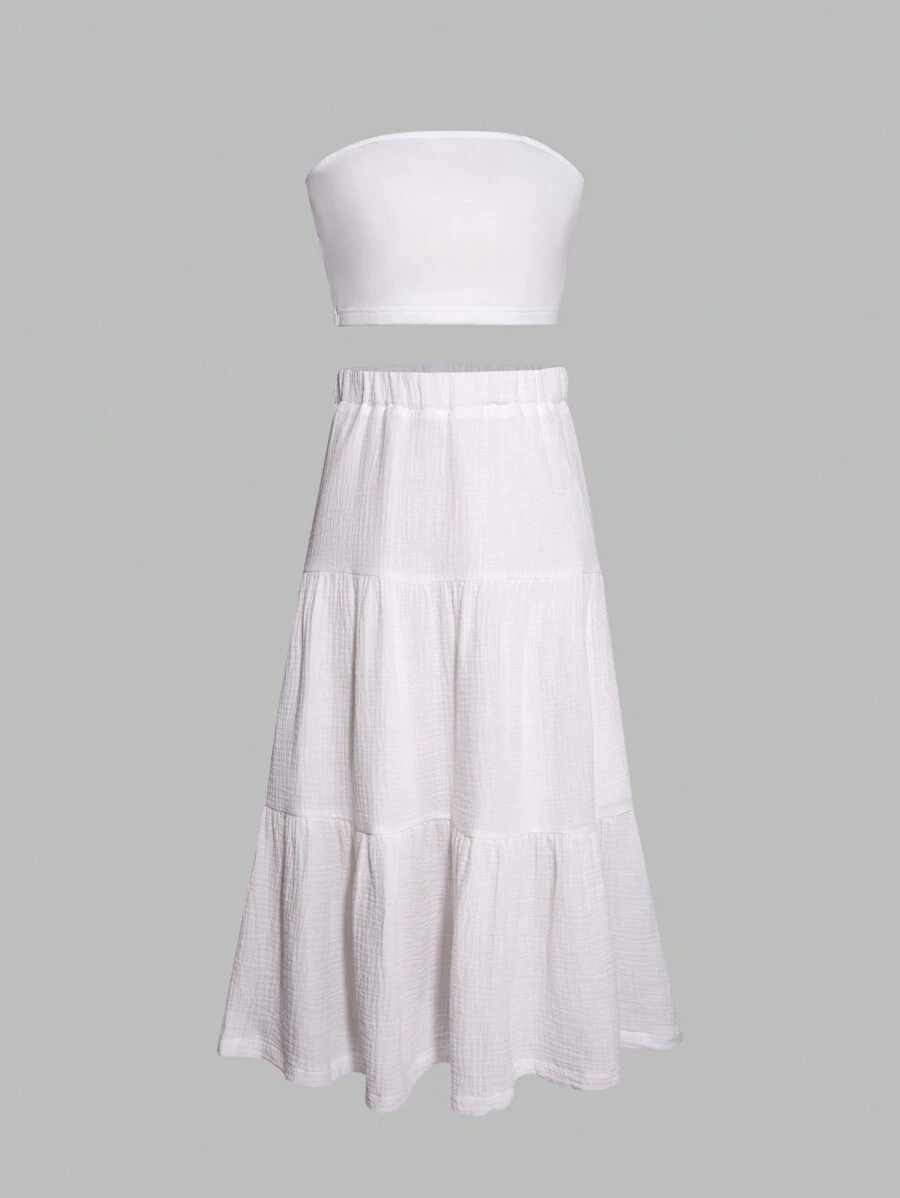 Teen Girl Solid Tube Top And Maxi Skirt 2-Piece Set - White - View 1
