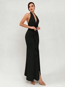 Aloruh Elegant And Sexy Deep V-Neck Backless Concert Dress For Date Night, Spring/Summer Floral Long Dress With 3D Flower Design - Black - View 3