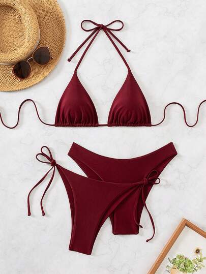 Swim Basics 2025 Damen 3er Set Bademode Strandurlaub einfarbiger Bandeau-Bikini Sexy Badeanzug-Set Sommer