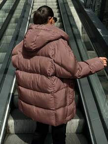 EURMUSE Ladies' Hooded Loose Fit Padded Jacket With Zipper - Brown - View 2