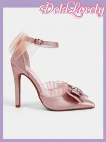 Dola Lovely Women's High Heel Stiletto Pointed Shoes In Pink, Butterfly Flower Faux Pearl Ankle Strap With Rhinestone Buckle, Suitable For Romantic Gift, Party Or Gathering Spring Shoes Spring Break Easter For Christmas Fairycore Fall Shoes - Dusty Pink - View 3