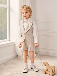 SHEIN 3pcs Gentleman Set: Long Sleeve White Shirt, Herringbone Lapel Vest And Shorts, Stylish For Birthday Party, Wedding, Performance