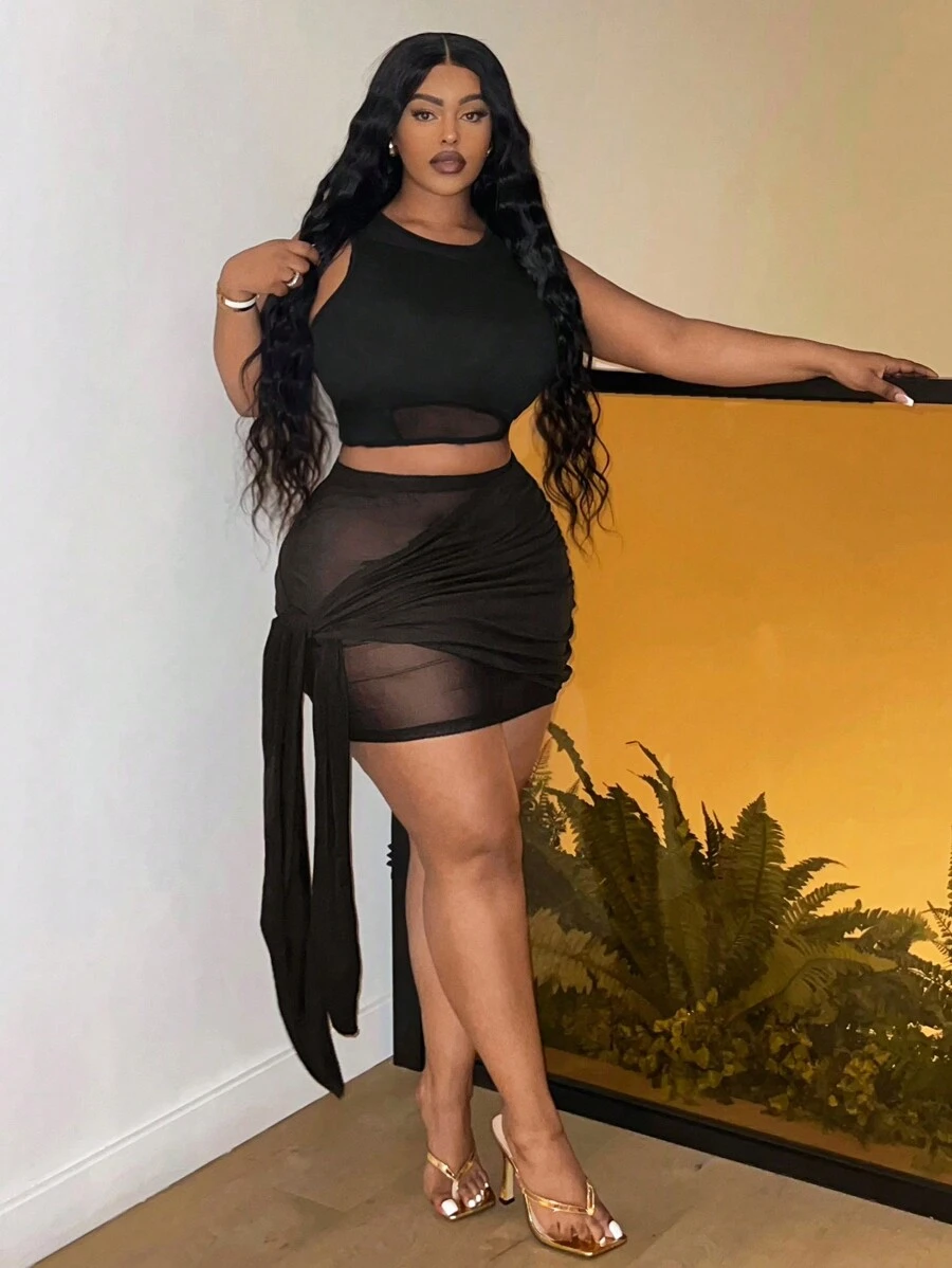 Maweii Ensemble de haut court et jupe froncée à taille cravate pour femme grande taille en maille pour l'été - Noir - Voir 1