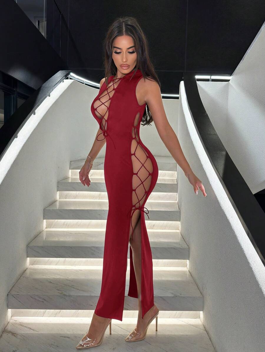 SHEIN SXY 夏季性感十字帶空心裙，高衩大腿無袖洋裝 - 酒紅色 - 查看 1