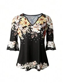 女款V領花卉A字型3/4袖上衣T恤 - 彩色 - 查看 3