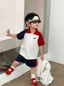 Young Boy Stylish Color-Block Short Sleeve Polo Shirt And Shorts Set - Multicolor - View 1