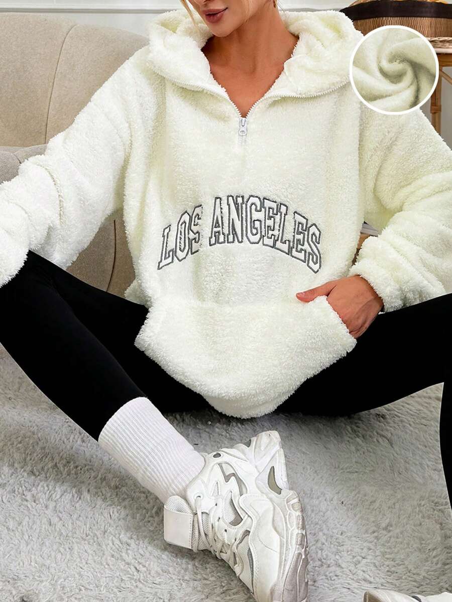 SHEIN Cottnline Thêu Chữ Thả vai Dây rút Teddy Hoodie - trắng - Xem 1