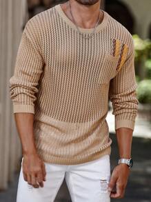 Manfinity Homme Suéter casual de manga larga para hombre con cuello redondo, bolsillo y tejido transparente - Caqui - Ver 3
