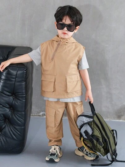 SHEIN 3 件套年轻男孩休闲街头服饰套装 - 带口袋的拉链夹克、带口袋的工装裤和纯色圆领 T 恤，春夏季舒适穿着，适合日常穿着、上学、户外玩耍和时尚造型