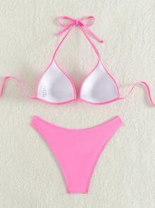 Swim Basics Bãi biển mùa hè dành cho nữ Dây buộc cổ màu trơn Bộ bikini gợi cảm tách biệt, đệm lót, chống đẩy - Hồng - Xem 2