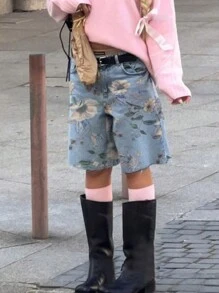 Quần short denim họa tiết hoa vintage Y2K Street, túi xéo, viền thô, thích hợp cho kỳ nghỉ hè. - Màu xanh lam - Xem 1