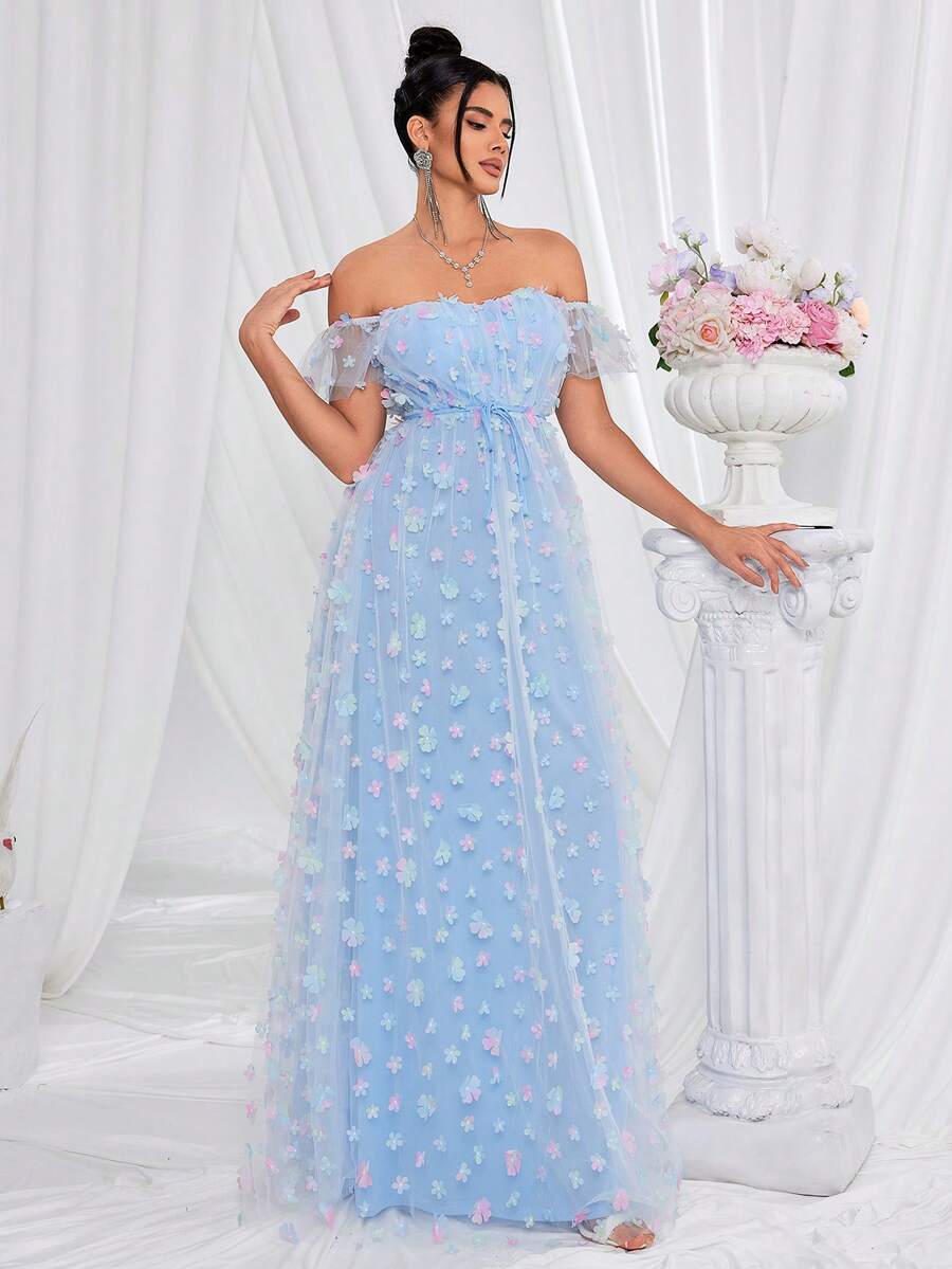 Women's Blue Off Shoulder Mesh Evening Dress - Blue - View 1