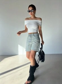 DAZY 女士纯色露肩修身T恤，短款上衣女士外出上衣