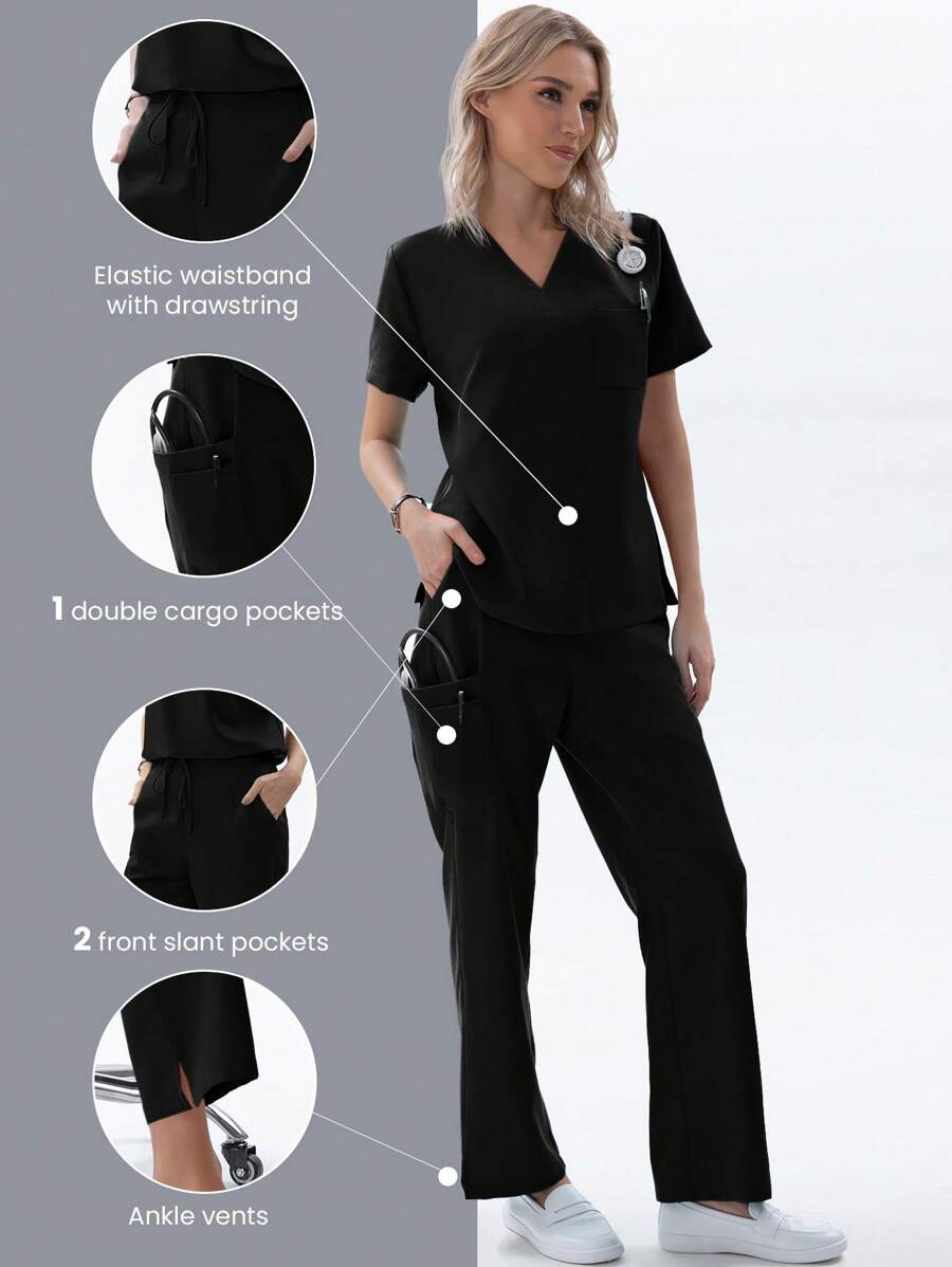 TaskEZ Conjunto de uniforme para mujer de enfermera (1 top de cuello en V con bolsillo + 1 pantalón de cintura elástica y 4 bolsillos) con acabado mate