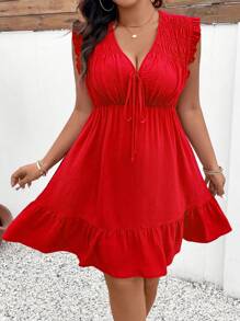 Sunserae Pure Plus Size Holiday Casual Solid Color Halter Neck Ruffled Waist Sleeveless Dress For New Year Clothes - Red - View 4