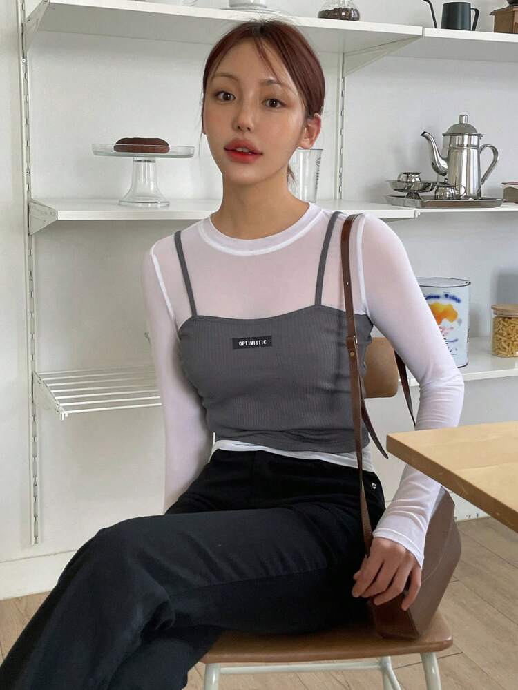 Women's 2pcs/Set Sheer Mesh Long Sleeve Top And Slim Fit Woven Label Top, With Sleeveless Camisole