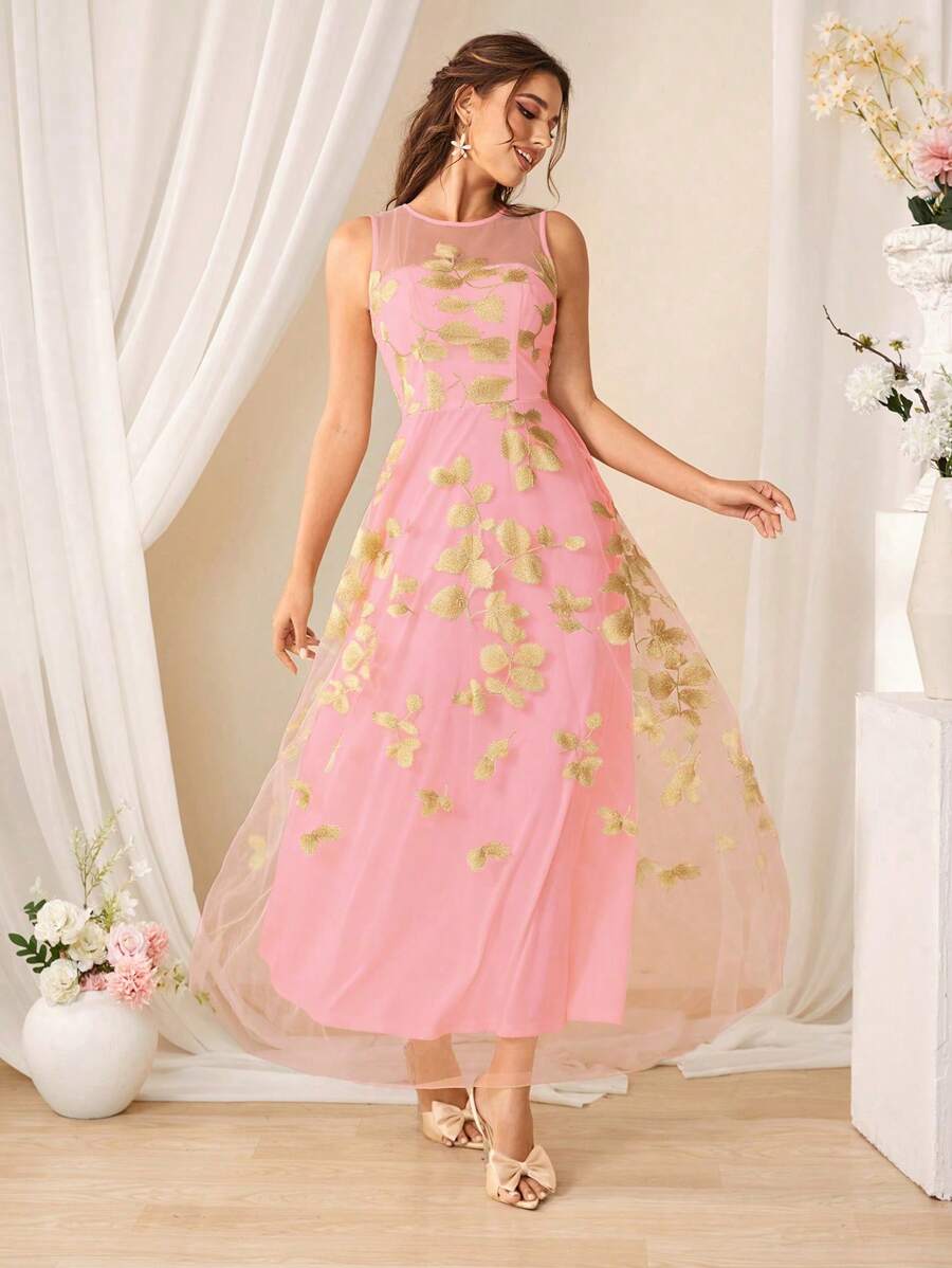 SHEIN Belle Elegant Embroidered Formal Dress For Women - Pink - View 1