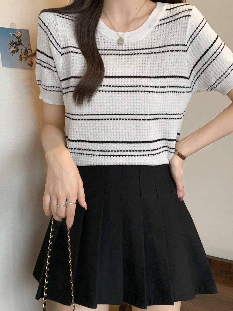 Top de mujer tejido con rayas en bloque de colores y mangas cortas - Blanco - Ver 1