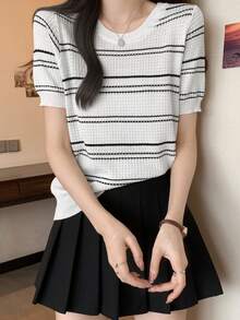 Top de mujer tejido con rayas en bloque de colores y mangas cortas - Blanco - Ver 5