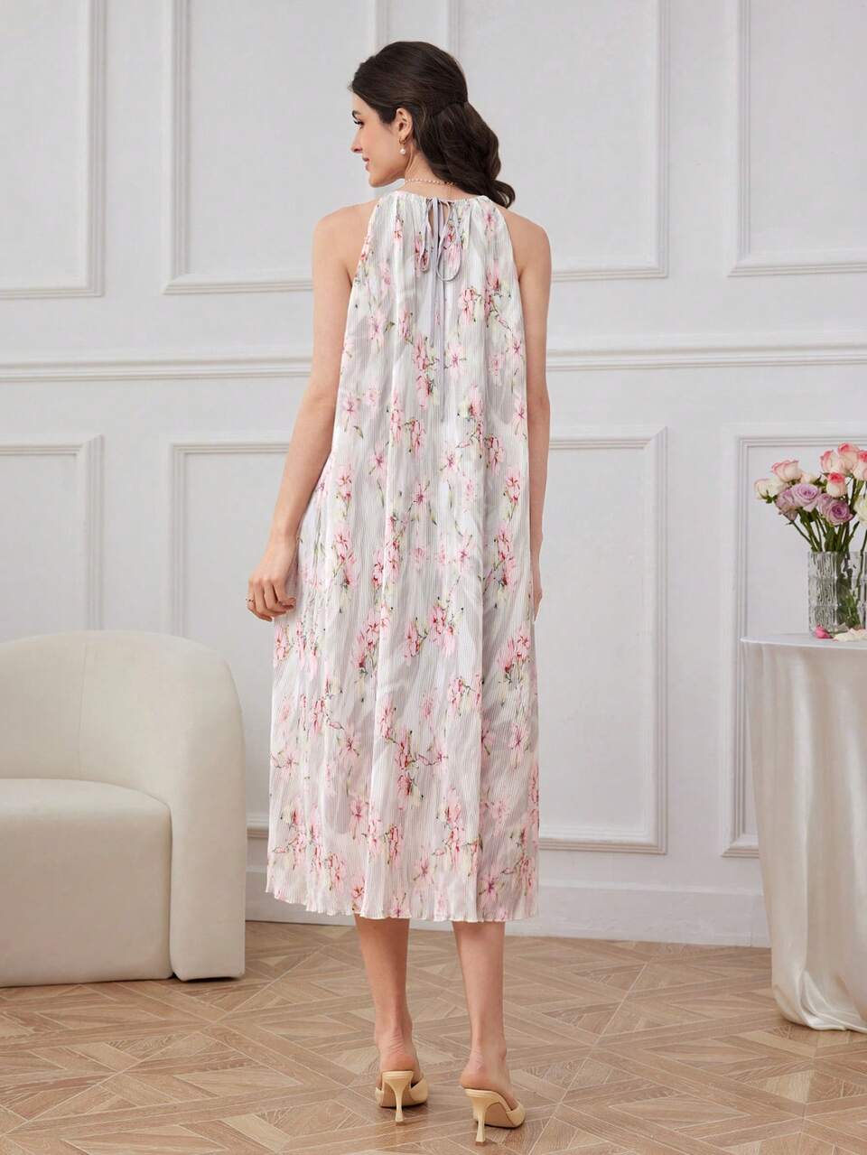 Floral Pattern Tie-Back Halter Summer Dress For Women