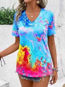 LONESS Women Tie-Dye Print V Neck Short Sleeve Casual T-Shirt For Summer