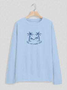 INAWLY 女士春夏休闲版型休闲 T 恤，带有棕榈树标语印花、落肩和圆领图案 T 恤女士上衣 - 藍色 - 查看 3