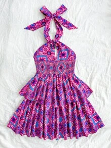 Soleia 女士夏季度假音樂節藍紫色印花迷你連衣裙，採用項圈領，多層鬆軟飄逸的荷葉邊緣設計，流蘇綁帶裝飾 - 彩色 - 查看 2