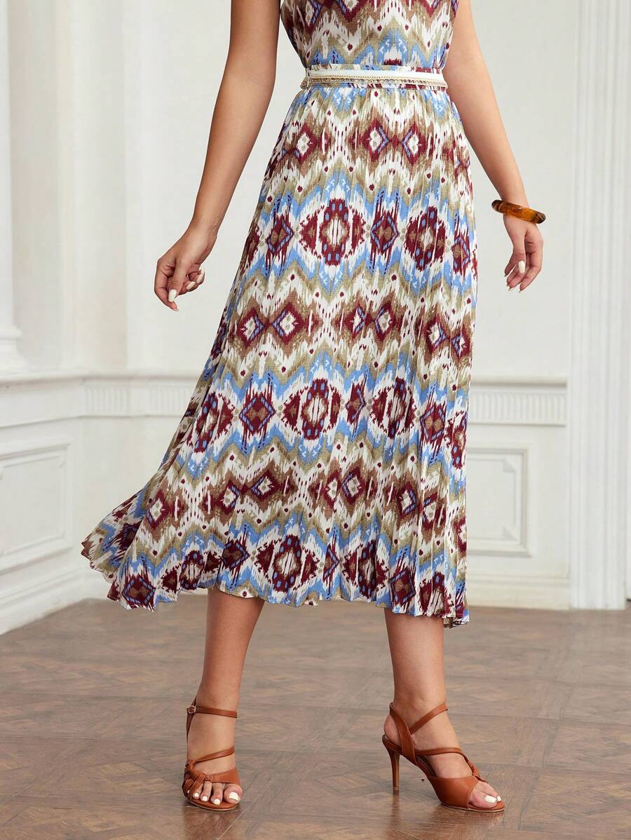 MOTF PREMIUM Falda plisada con cinturón de cinta de contraste con estampado en toda la prenda