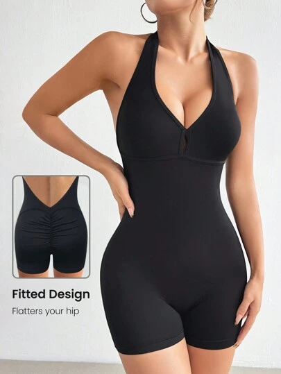 Easithlete 女士純色簡約日常露背運動連身褲，適用於機場穿搭