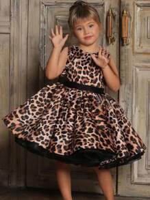 Tween Girl Leopard Print Sleeveless Party Dress With Flared Skirt - Coffee - View 1