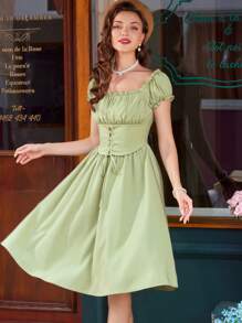 SHEIN DECDS Vestido elegante vintage para mujer, corte holgado, cuello cuadrado, mangas abullonadas, pliegues, volantes, cinturón en la cintura, lazo cruzado, lazo, vestido verde agua tipo paraguas para primavera/verano, estilo Bridgerton, vestido casual, vestido largo, vestido tipo lechera, vestidos de verano para mujer, ropa de otoño, ropa de vuelta al colegio, vestido para concierto - Verde - Ver 5