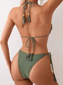 SHEIN Swim Bộ bikini cổ yếm màu trơn, trang phục đi biển mùa hè cho nữ - xanh quân đội - Xem 7