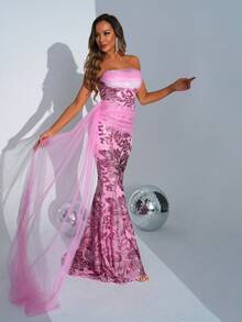 Missord Sequin Embroidery Mesh Contrast Fishtail Floor-Length Sleeveless Prom Dress - Pink - View 7