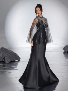 全新黑色優雅披肩設計人魚晚禮服