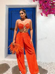 SHEIN SXY Conjunto de 2 piezas para el verano: Top sin tirantes naranja con escote y pantalones anchos naranja para vacaciones en la playa, ropa de mujer - Naranja Quemada - Ver 8