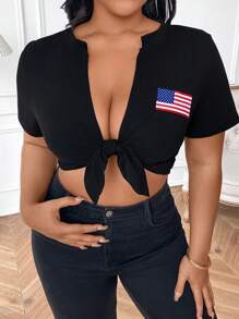 Flirla Large Women's Knitted Cross Twisted T-Shirt - Black - View 3