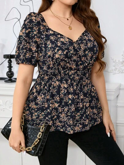 Reflora Plus Size Women's Fashionable & Elegant Printed Cinched Waist A-Line Puff Sleeve Shirt, For Summer