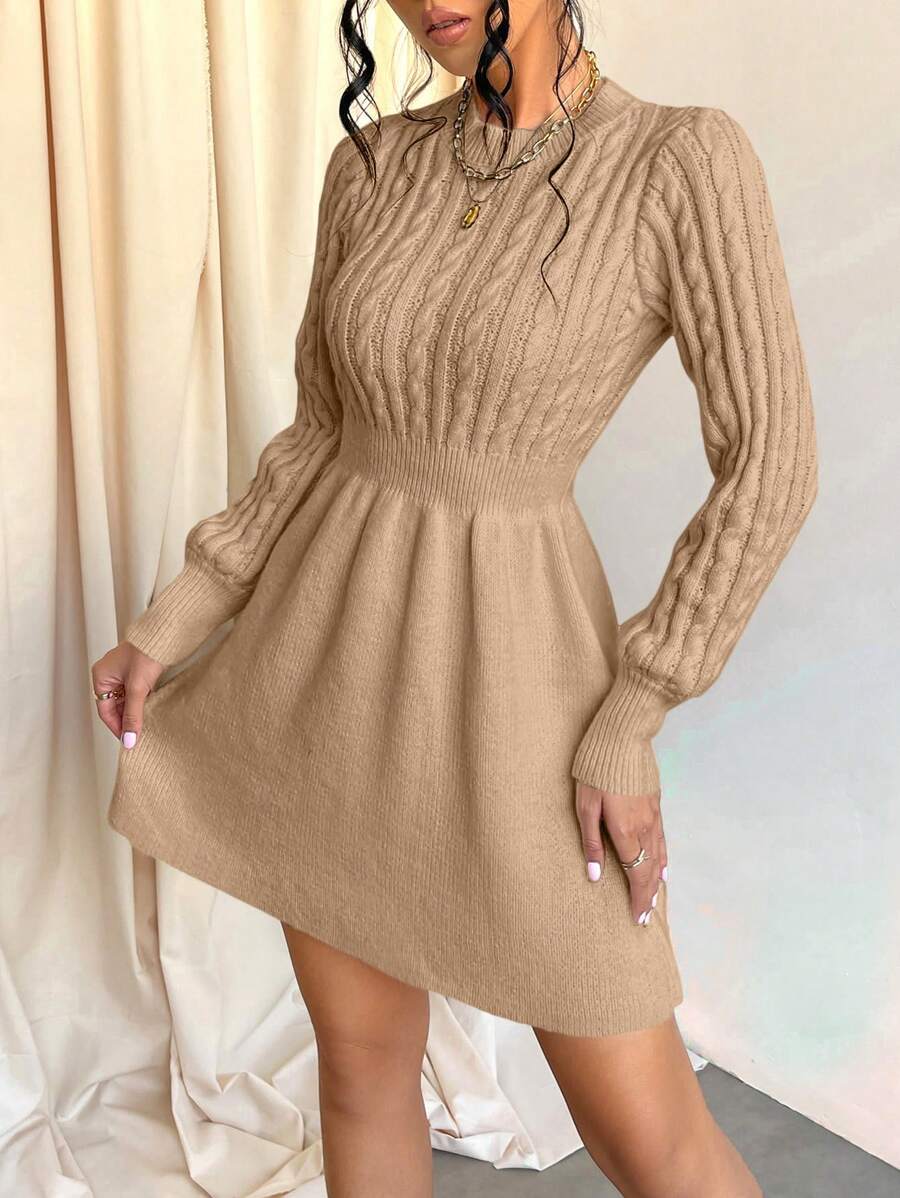 EURMUSE Women's Round Neck Long Sleeve Knitted Sweater Dress - Apricot - View 1