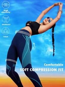 Innovista 動感藍線高彈無縫運動打底褲，收腹提臀，夏季套裝搭配，日常休閒和運動，瑜伽健身 - 藏蓝色 - 查看 9