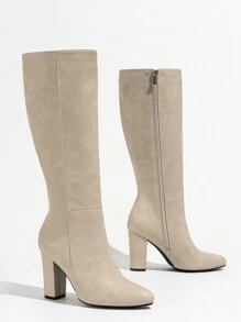 European & American High Shaft Thick High Heel Side Zipper Pointed Toe Elegant Slim Boots, Comfortable For Autumn/Winter