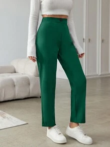 EURMUSE Solid Color High Waist Long Pants - Green - View 5