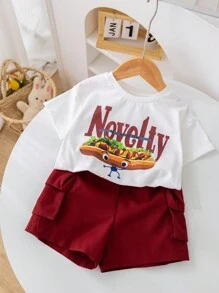 SHEIN Baby Boy Or Baby Girl Cartoon Animal Pattern Soft Knit Round Neck Short Sleeve Top And Solid Color Shorts 2pcs/Set